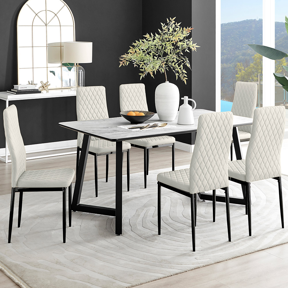 Furniturebox Copeland Valera Marble Effect 6 Seater Dining Set White Cream and Black Image 1