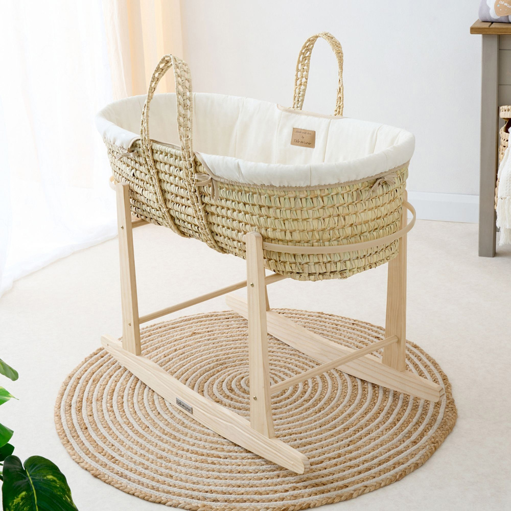 Clair de Lune Baby Cream Organic Palm Moses Basket with Natural Rocking Stand Image 2