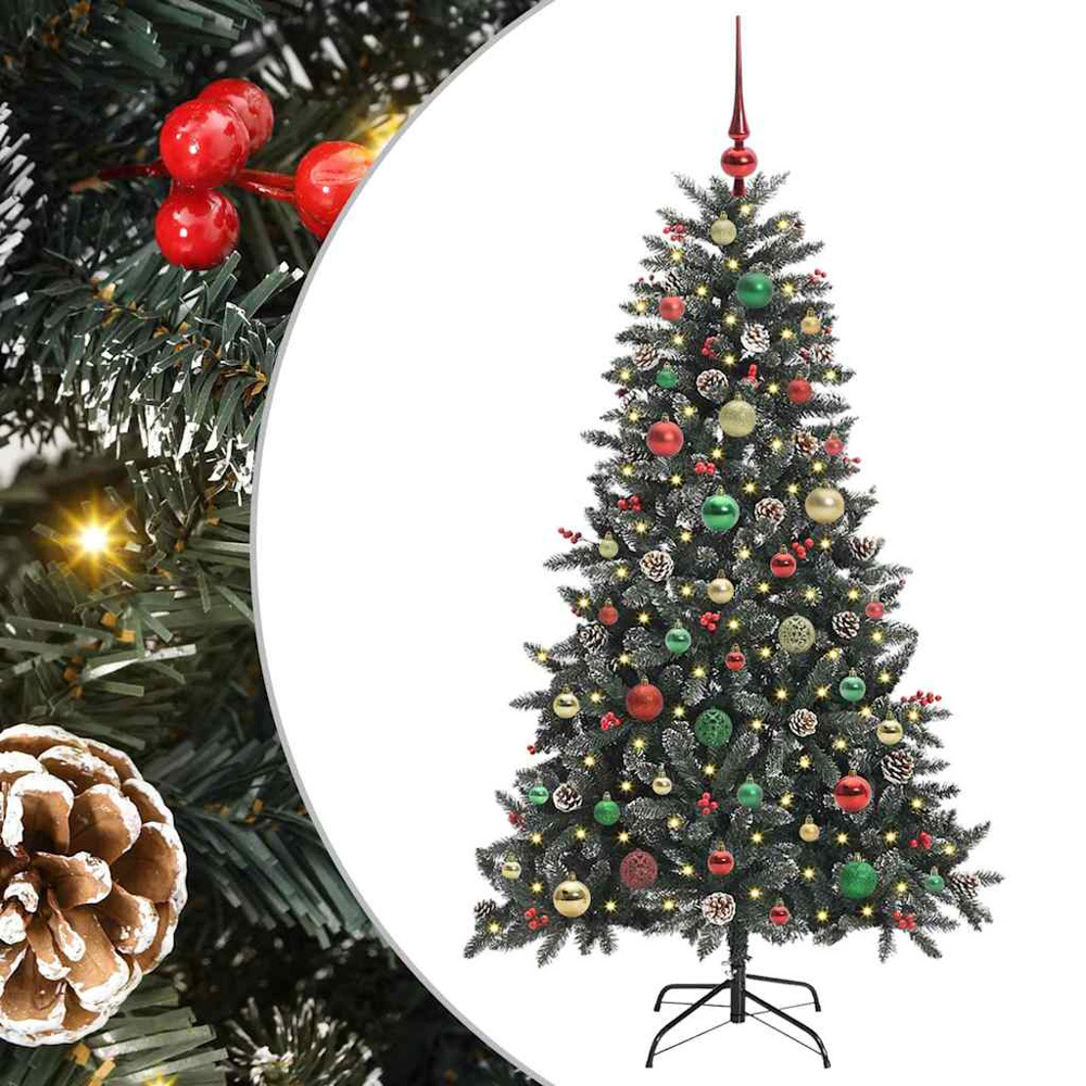 vidaXL Pre-Lit Multicolour Bauble Pinecones Berries Green Snow Flocked Artificial Christmas Tree 5ft Image 4