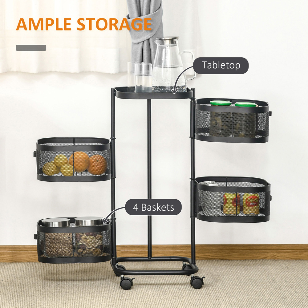 HOMCOM 4-Tier Black Metal Storage Cart with Top Tray and Mesh Baskets Image 5