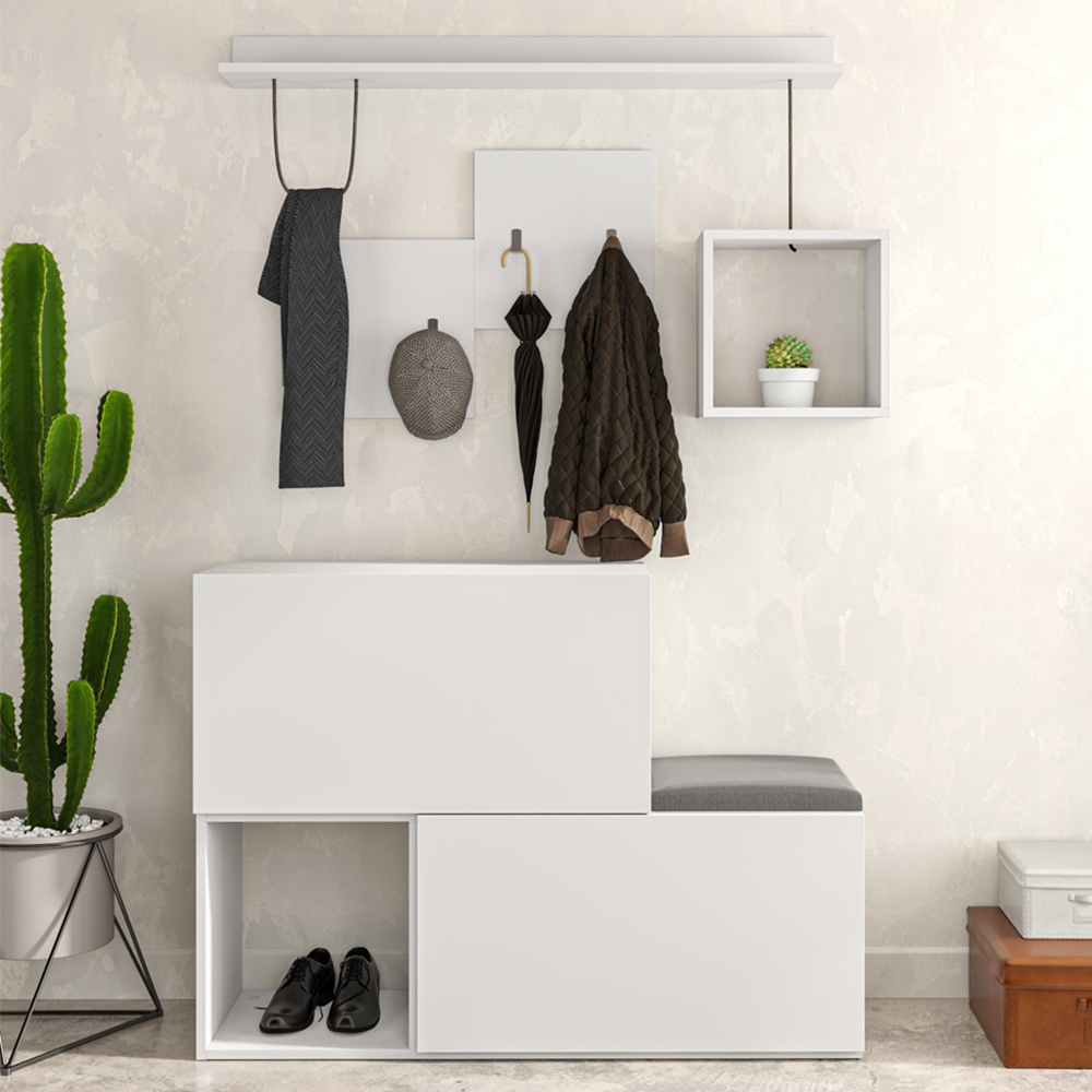Decortie Holdon 2 Door 2 Shelf 4 Hooks White Shoe Cabinet with Hanging Rail and Bench Image 1