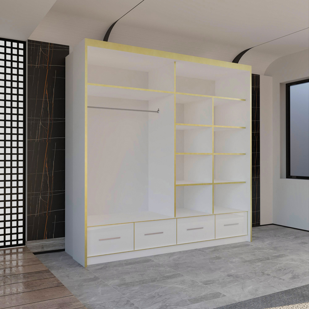 M N Furniture Silora 2 Door 4 Drawer White and Gold High Gloss Mirrored Sliding Wardrobe 203cm Image 3