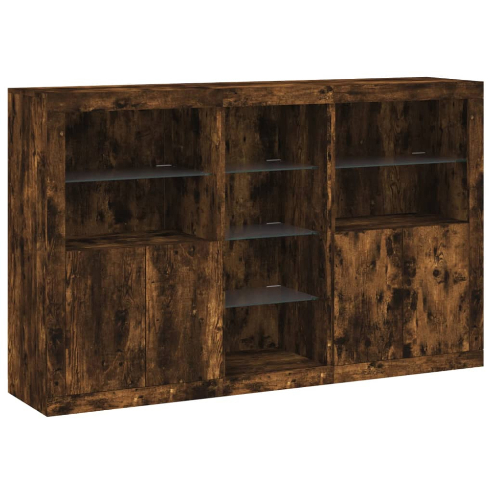 vidaXL 4 Door 8 Shelf Smoked Oak LED Sideboard 3 Piece Image 2