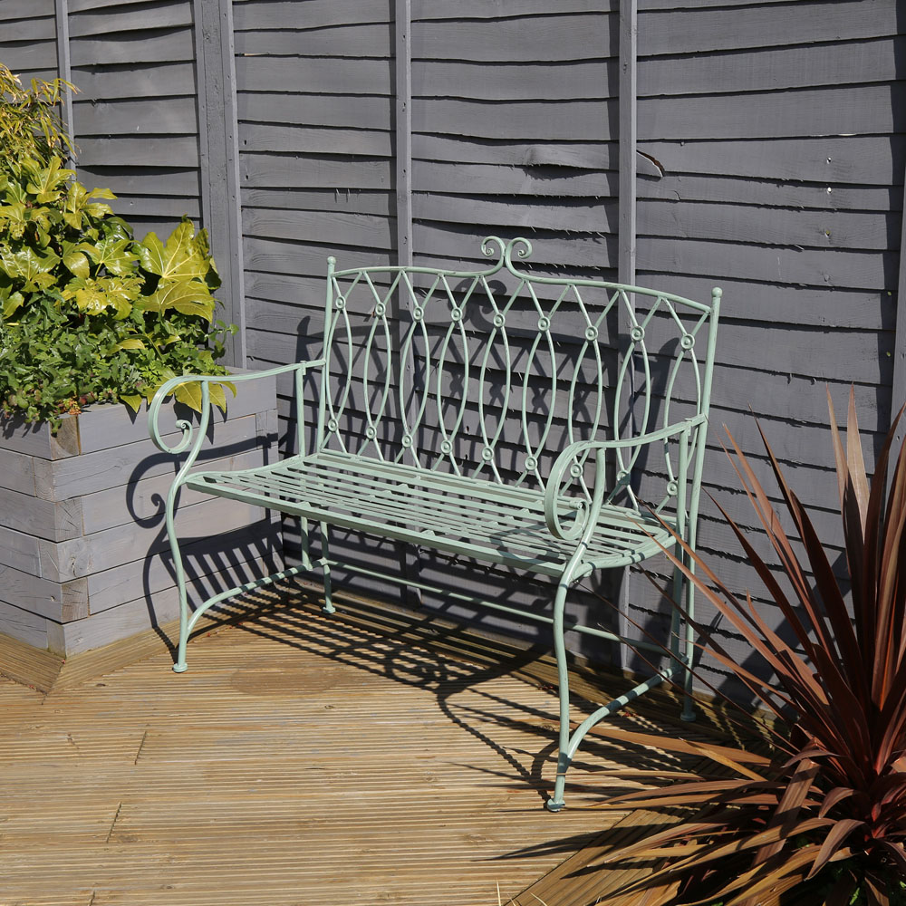 Charles Bentley Wrought Iron Bench Sage Green Image 5