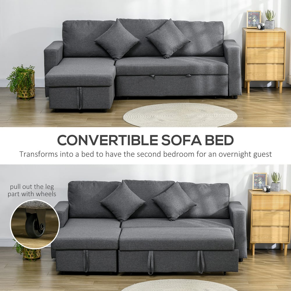 HOMCOM 3 Seater Dark Grey L Shaped Convertible Pull Out Corner Sofa Bed with Storage Image 4