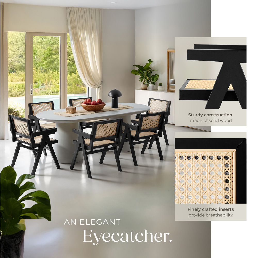 tectake Lizzy Set of 4 Black Rattan Backrest and Wood Frame Dining Chair Image 5