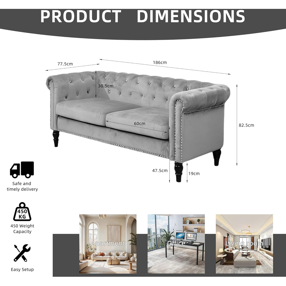 Alivio 2 Seater Grey Solid Wood Nailhead Trim Button Tufted Sofa Image 9