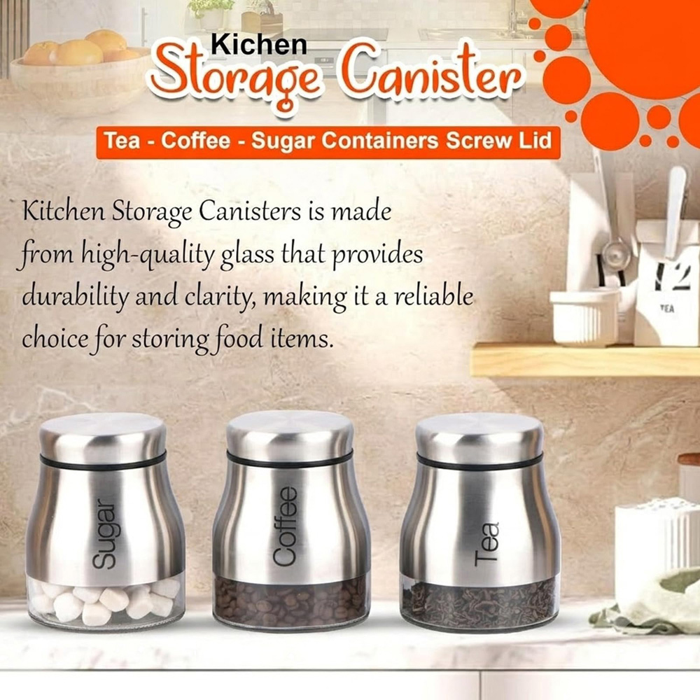ATEK 3 Piece Tea Coffee and Sugar Silver Kitchen Canister Set Image 5