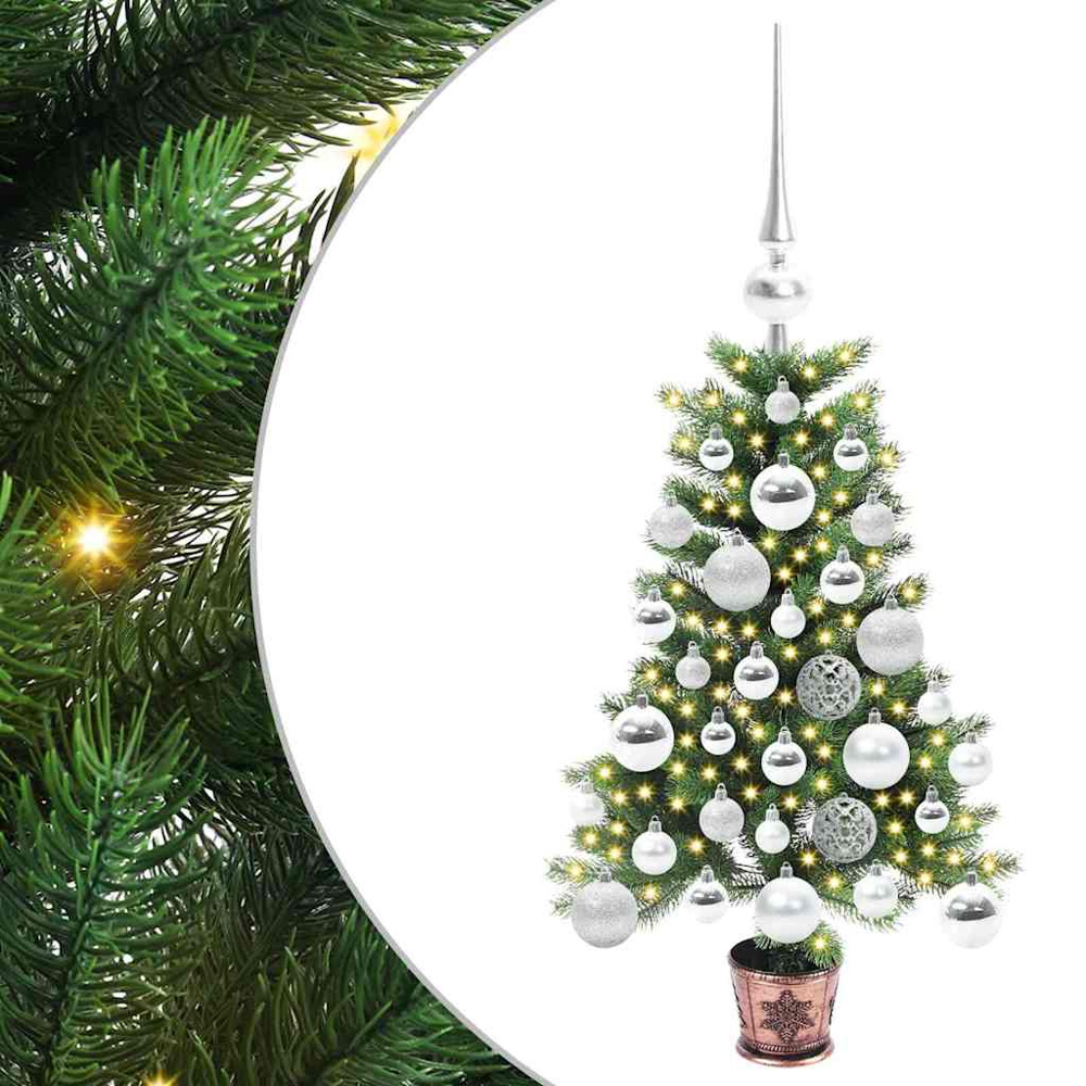 vidaXL Pre-Lit Silver Baubles Green Artificial Christmas Tree 2ft Image 2