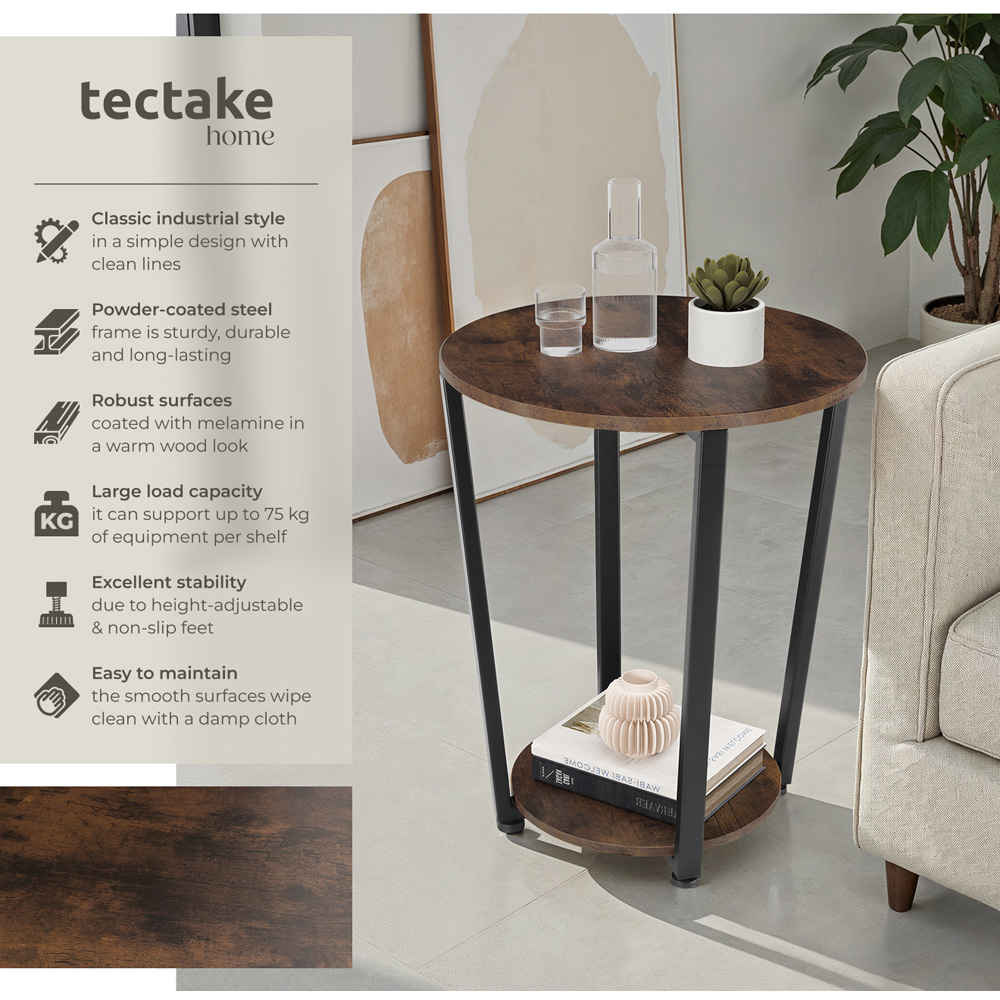Tectake Swindon Single Shelf Round Rustic Dark Wood Bedside Table Image 3