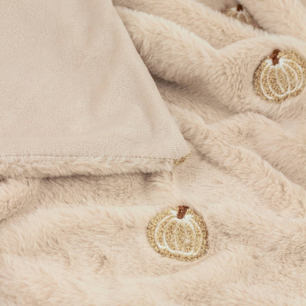 Furn Autumn Pumpkins Embroidered Natural Faux Fur Throw 130 x 180cm Image 2