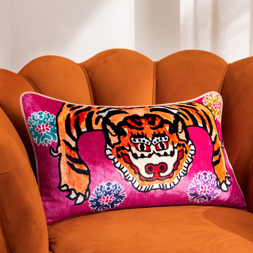 furn. Pink Year Of The Tiger Velvet Cushion Image 2