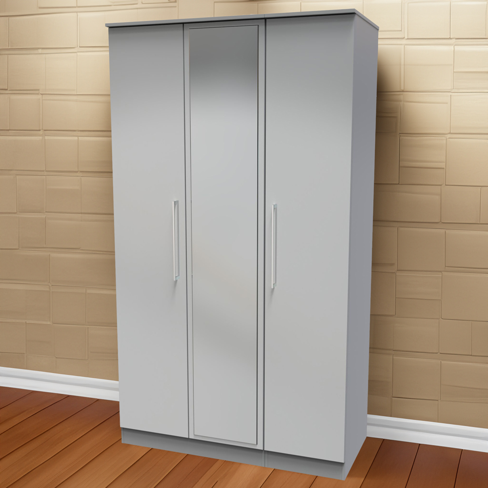 Crowndale Worcester 3 Door Uniform Gloss and Dusk Grey Mirrored Wardrobe Ready Assembled Image 1