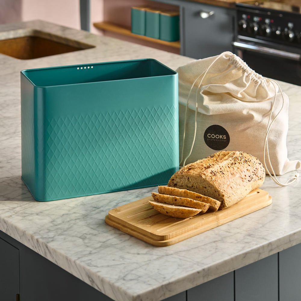 Cooks Professional Teal Diamond Pattern Bread Bin with Linen Bag and Bamboo Lid Image 2