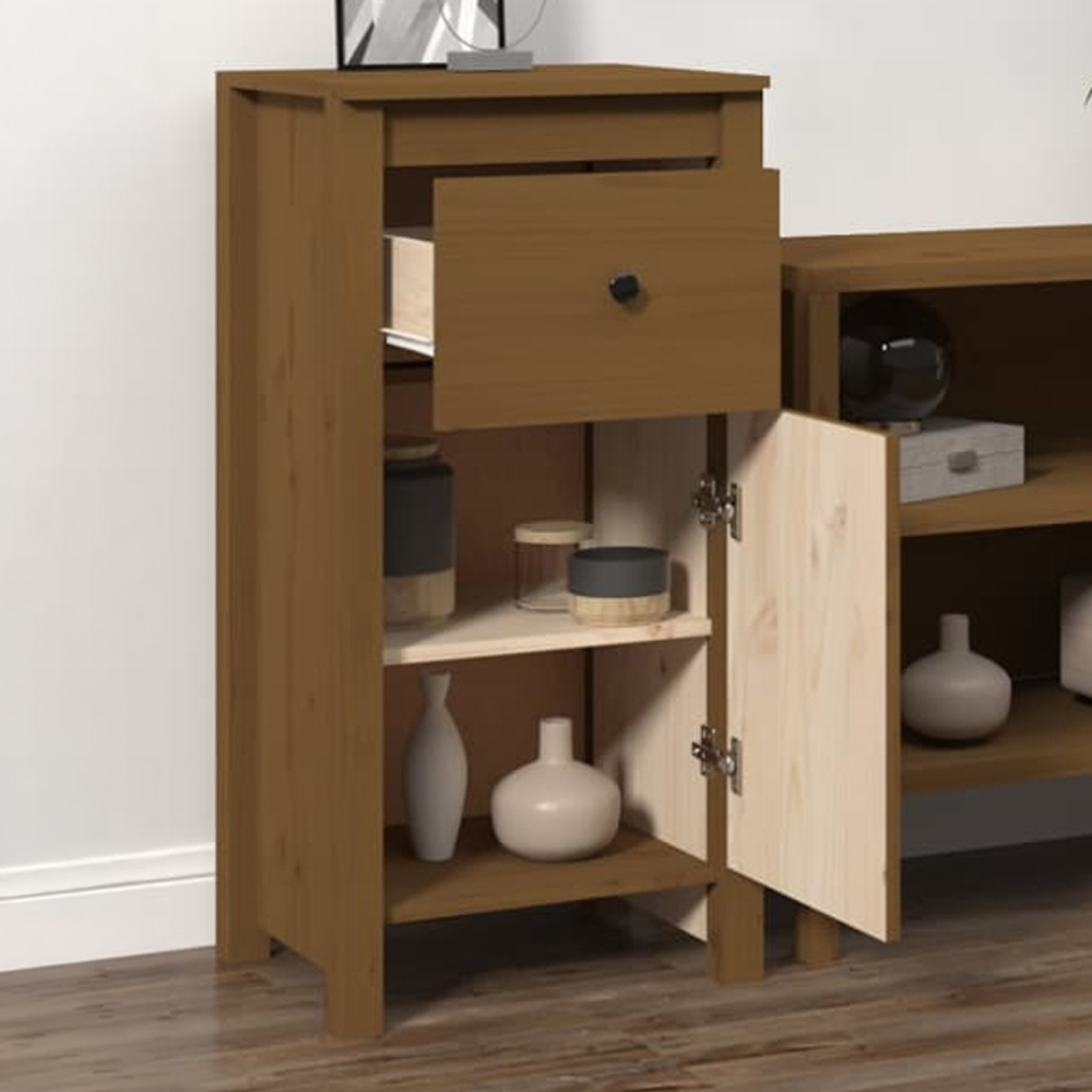 vidaXL Single Door Single Drawer Honey Brown Pine Wood Sideboard Image 1