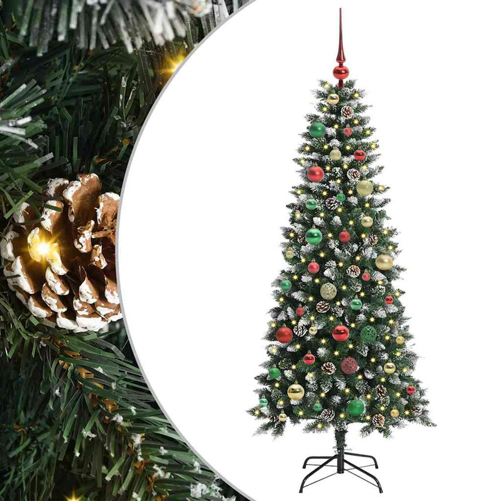 vidaXL Pre-Lit Multicolour Baubles Green Artificial Snow Tipped Christmas Tree 5ft Image 2