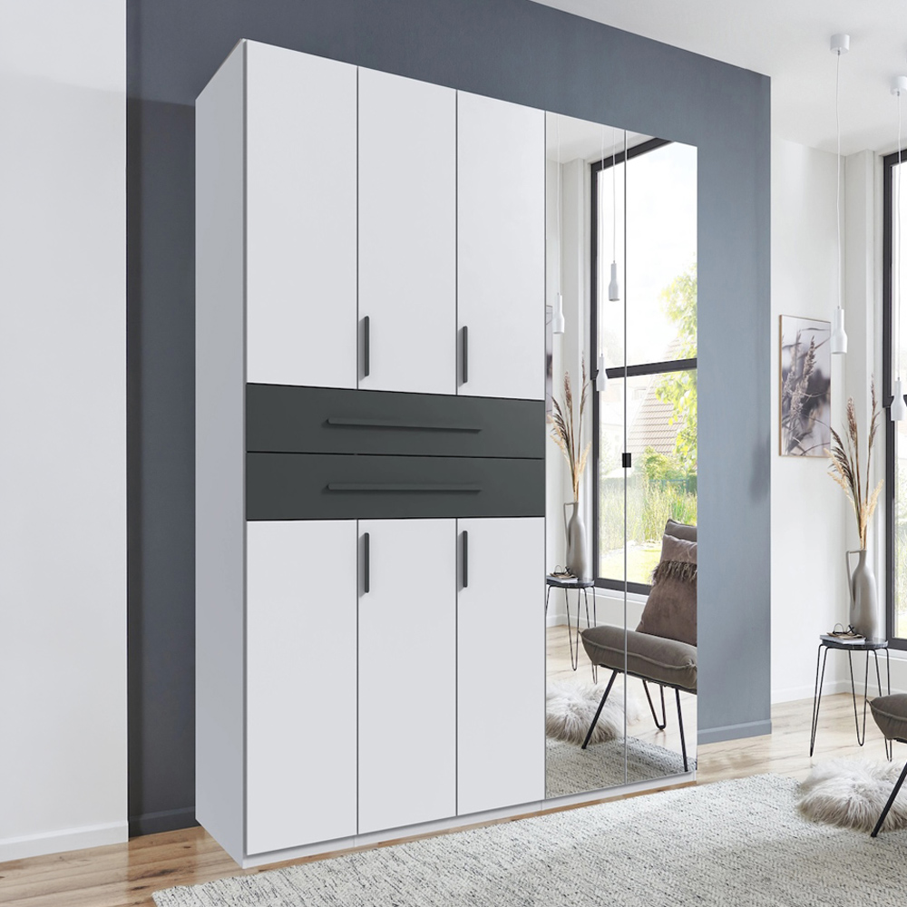 TJ'S Digit 5 Door 2 Drawer White and Graphite Mirrored Wardrobe Image 1