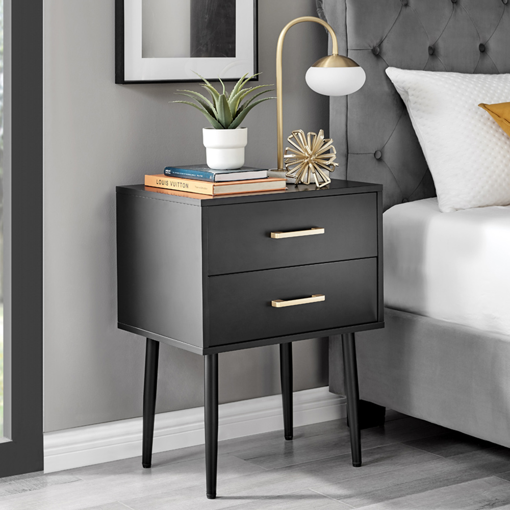 Furniturebox Tyler 2 Drawer Black and Gold Small Bedside Table Image 1