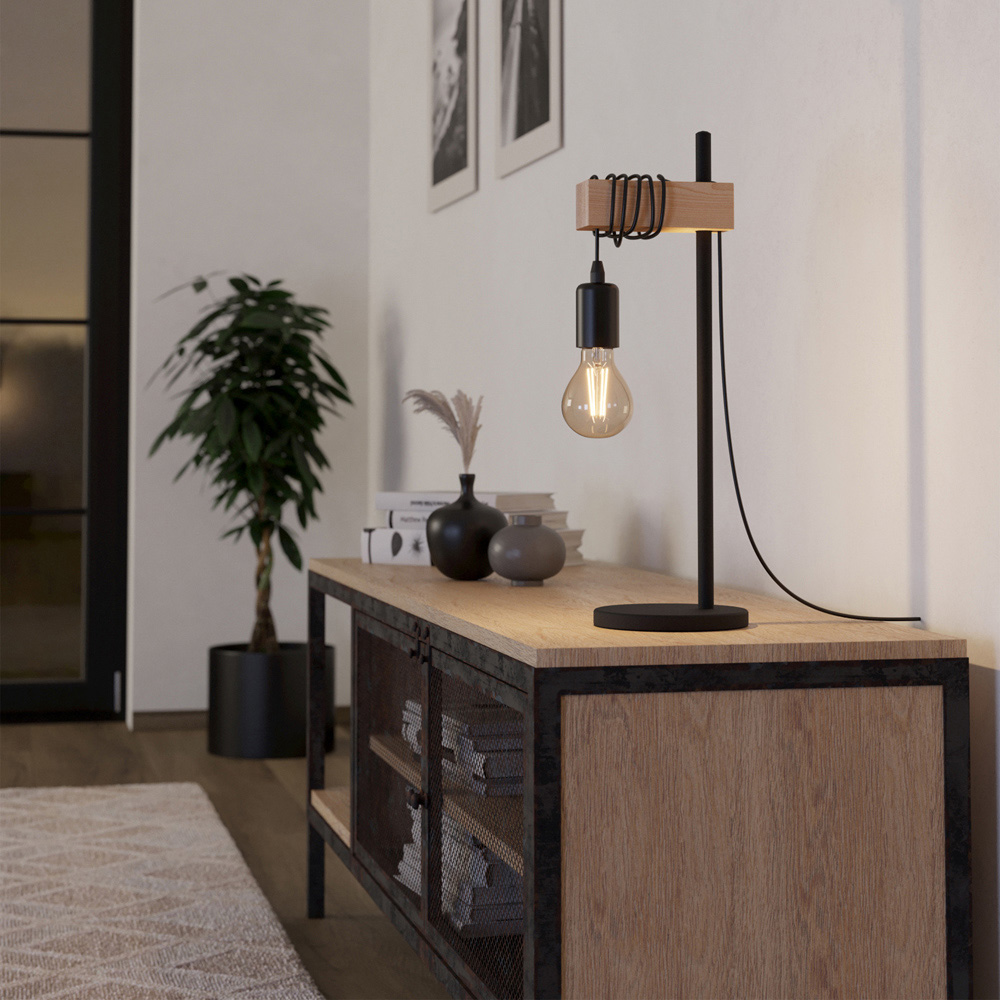 EGLO Townshend Single Light Black and Wood Effect Industrial Table Lamp with Exposed Bulb Image 2