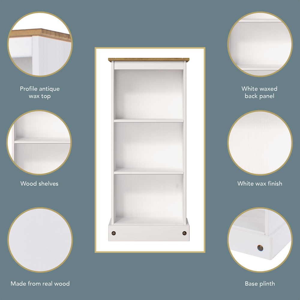 Corona 3 Shelf White Washed Wax Finish Low Narrow Bookcase Image 4