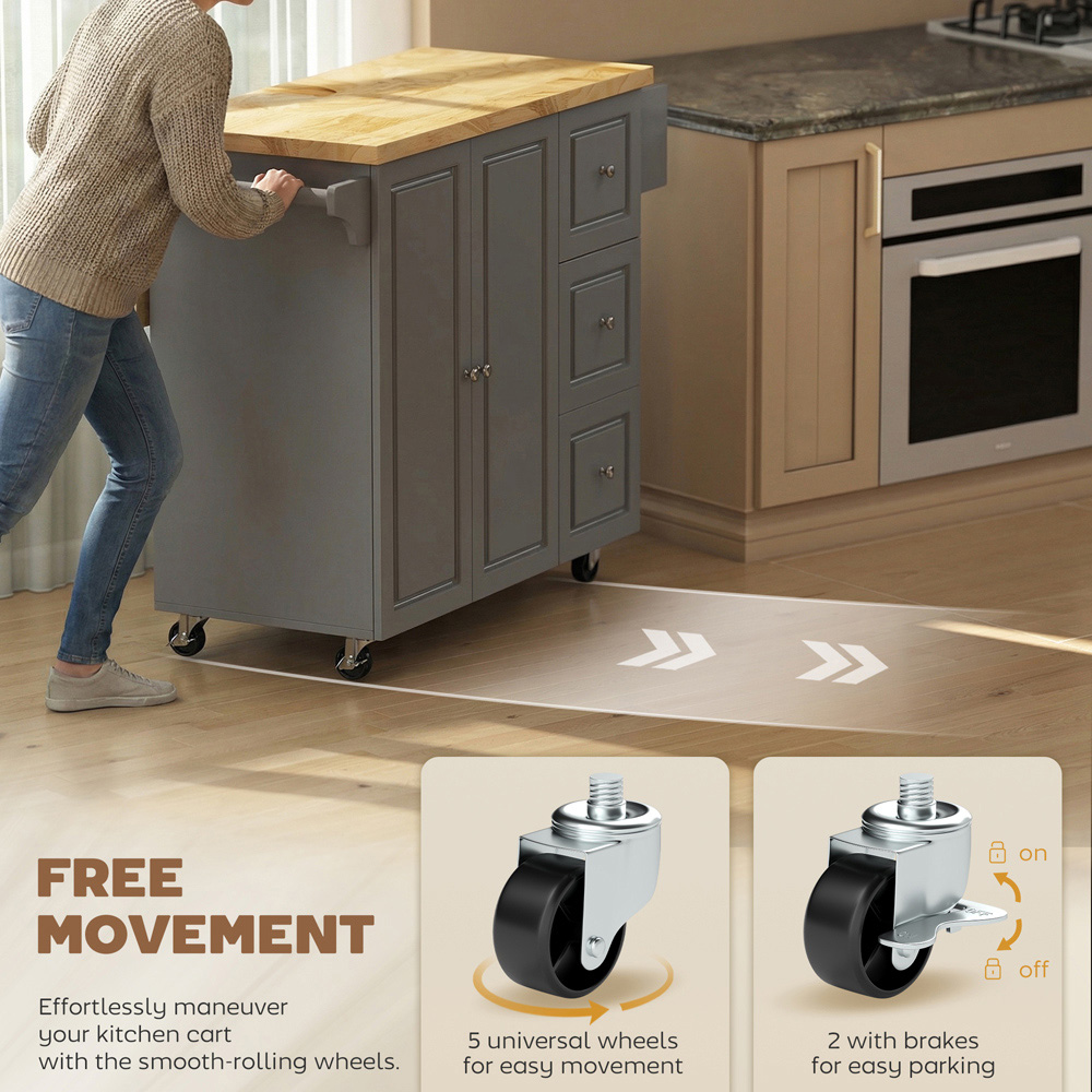 Portland 2 Door 3 Drawer Grey Drop Leaf Kitchen Island Storage Trolley Image 7