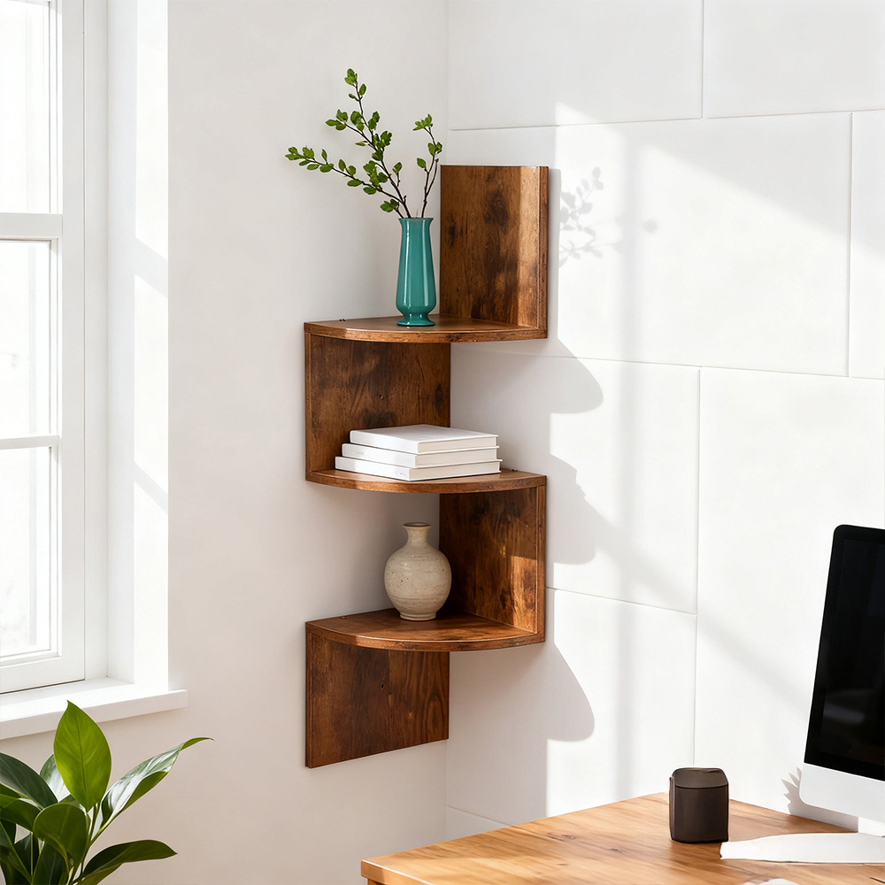 Living and Home 3 Shelf Dark Wood Wall Mounted Corner Shelf Image 7