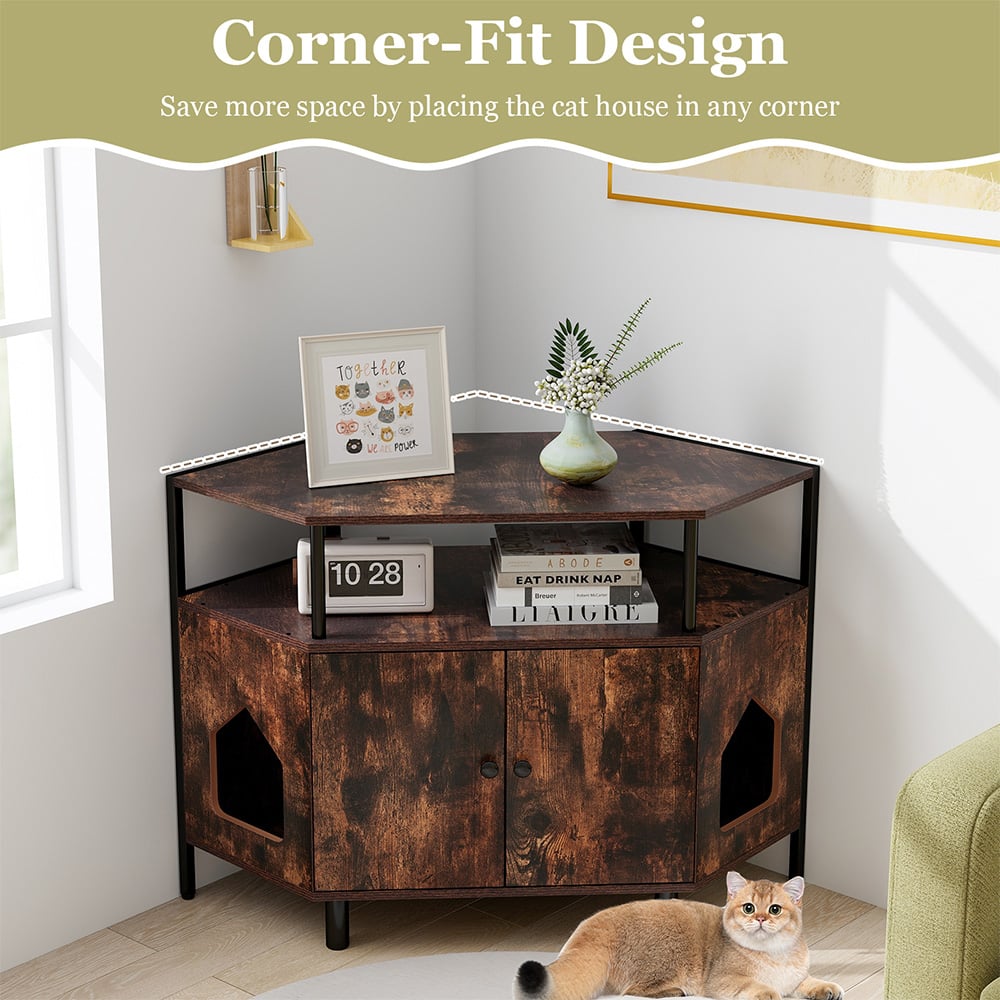 Costway Rustic Brown Corner Cat Litter Box Enclosure with Open Shelf Image 3