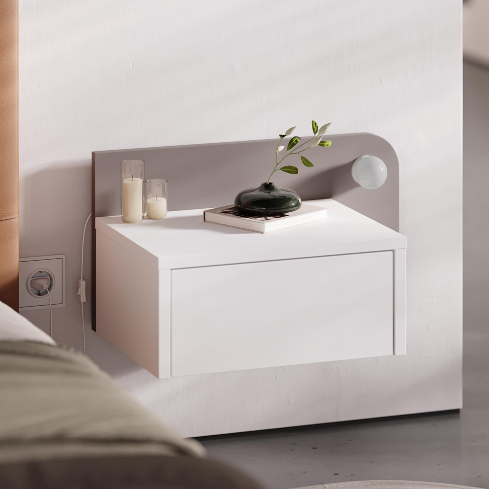Decortie Dotta Single Drawer White Wall Mounted Bedside Table with Night Light Image 4