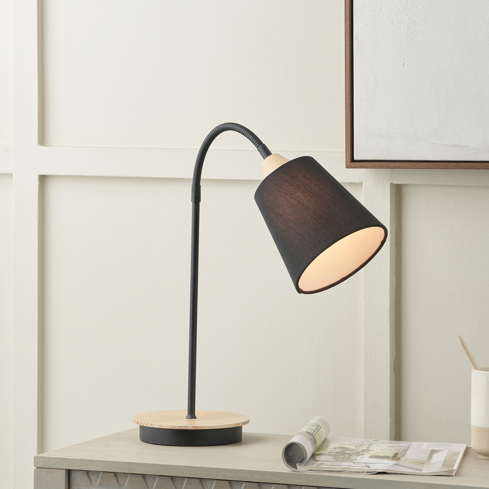 Pacific Lifestyle Juna Black Fabric Shade Black Metal and Natural Wood Table Lamp Image 2