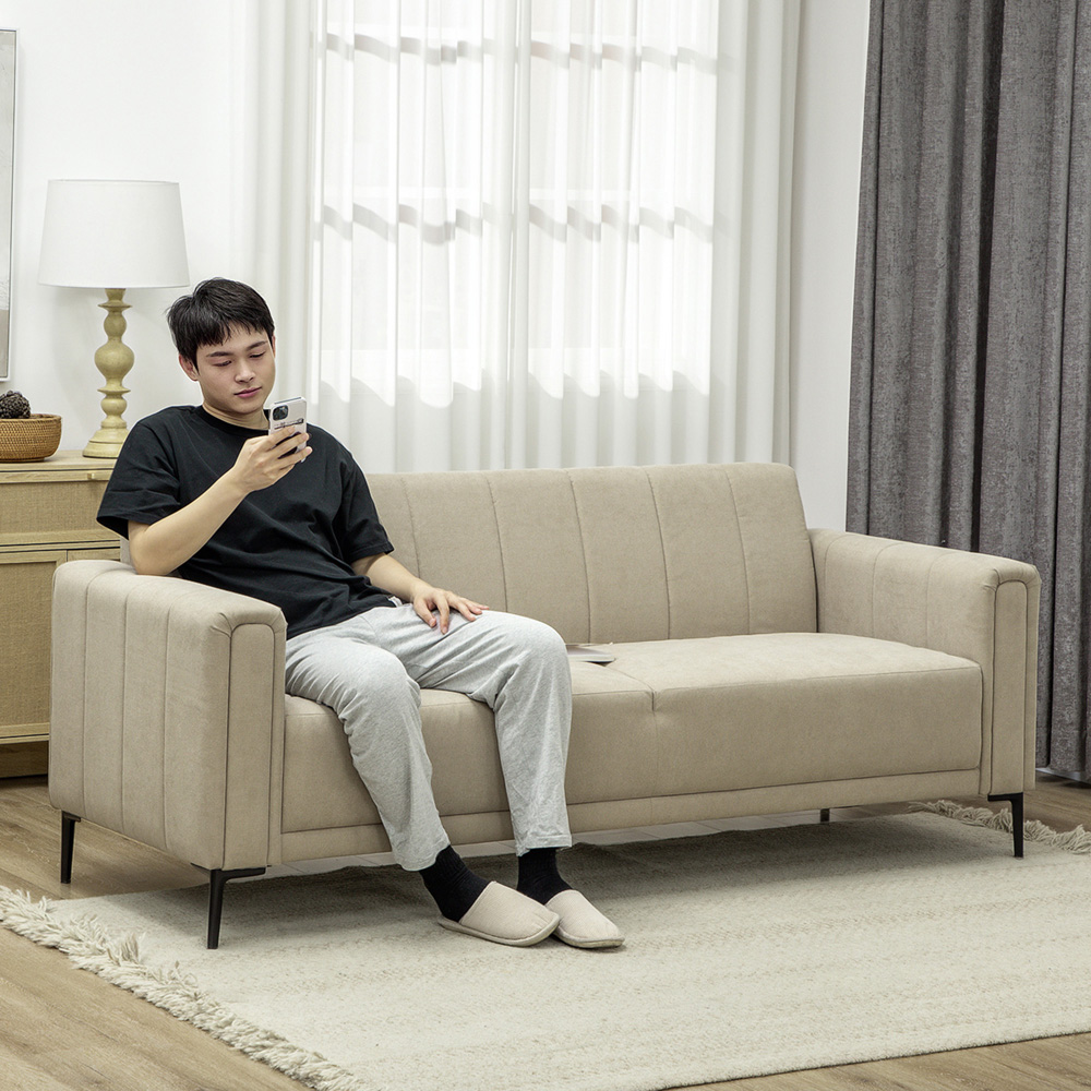 HOMCOM 3 Seater Khaki Modern Fabric Channel Tufted Sofa Image 4