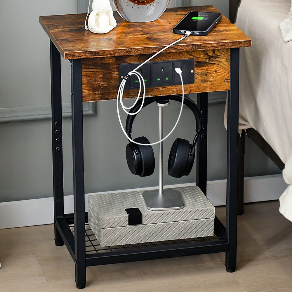 Costway Single Shelf Bedside Table with Charging Station Set of 2 Image 1
