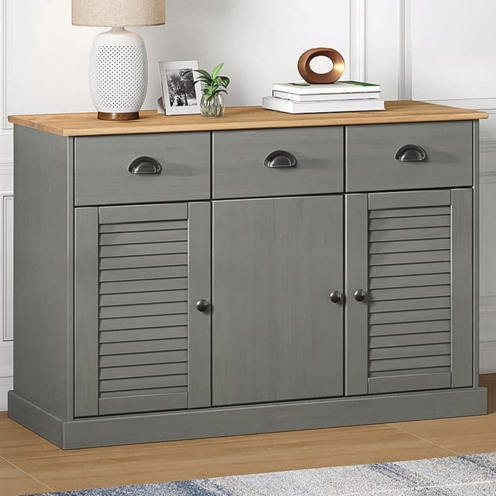 vidaXL 3 Door 3 Drawer Grey Solid Pine Wood Sideboard Image 1