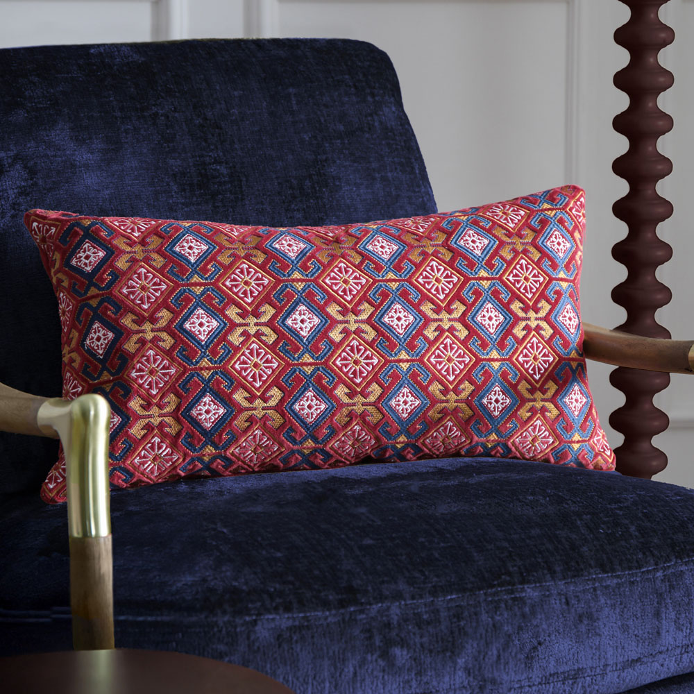 Paoletti Laurel Ruby and Gold Embroidered Velvet Cushion 30 x 60cm Image 2