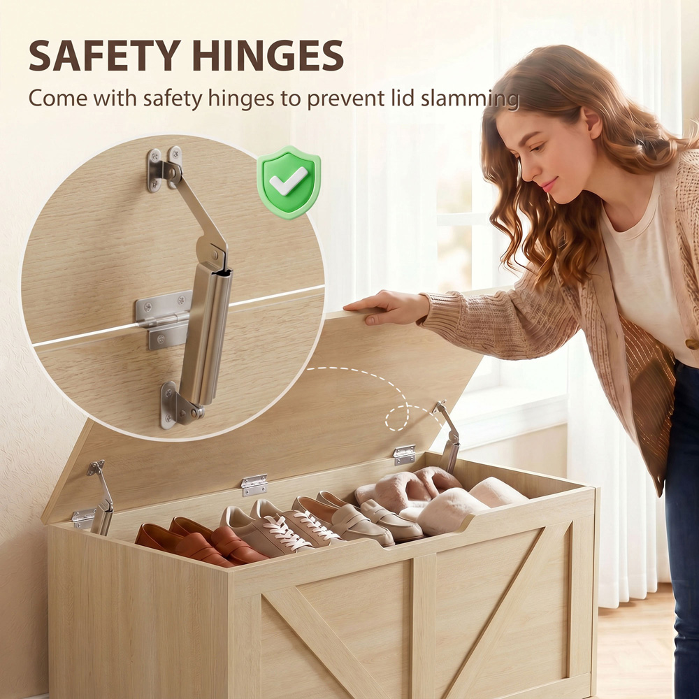 HOMCOM 127L Nature Wood Storage Trunk with Safety Hinges Image 6