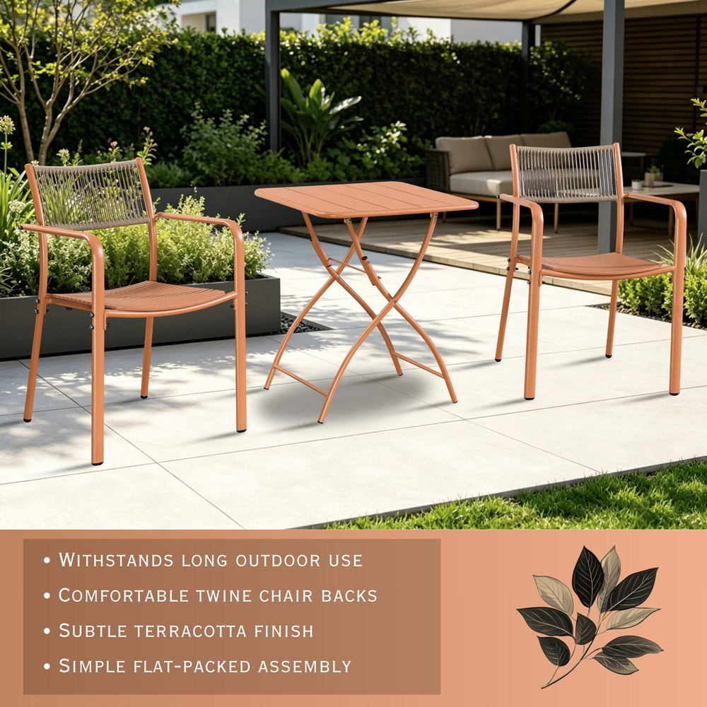 Core Products 2 Seater Terracotta Rope Back Effect Square Metal Foldable Table Garden Bistro Set Image 6