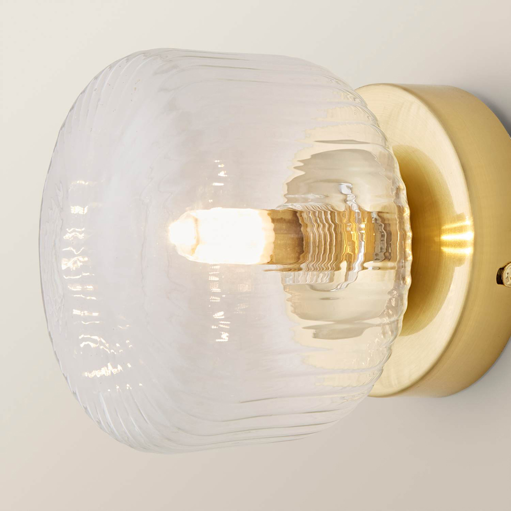 ValueLights Calpe Ribbed Clear Shade Brushed Gold Flush Wall Light with Bulb Image 4