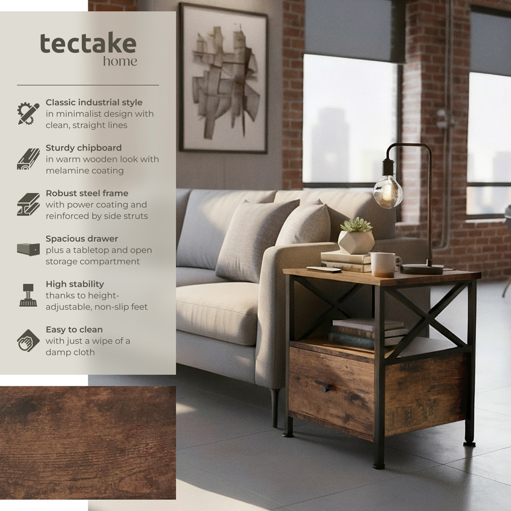 tectake Falkirk Single Drawer 2 Shelf Dark Industrial Wood Rustic Bedside Table Image 2
