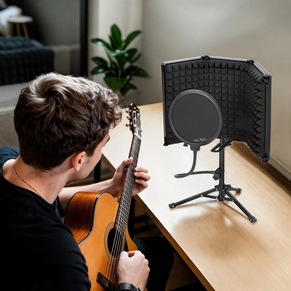 HOMCOM Black Studio Microphone Isolation Shield with Pop Filter and Stand Image 7