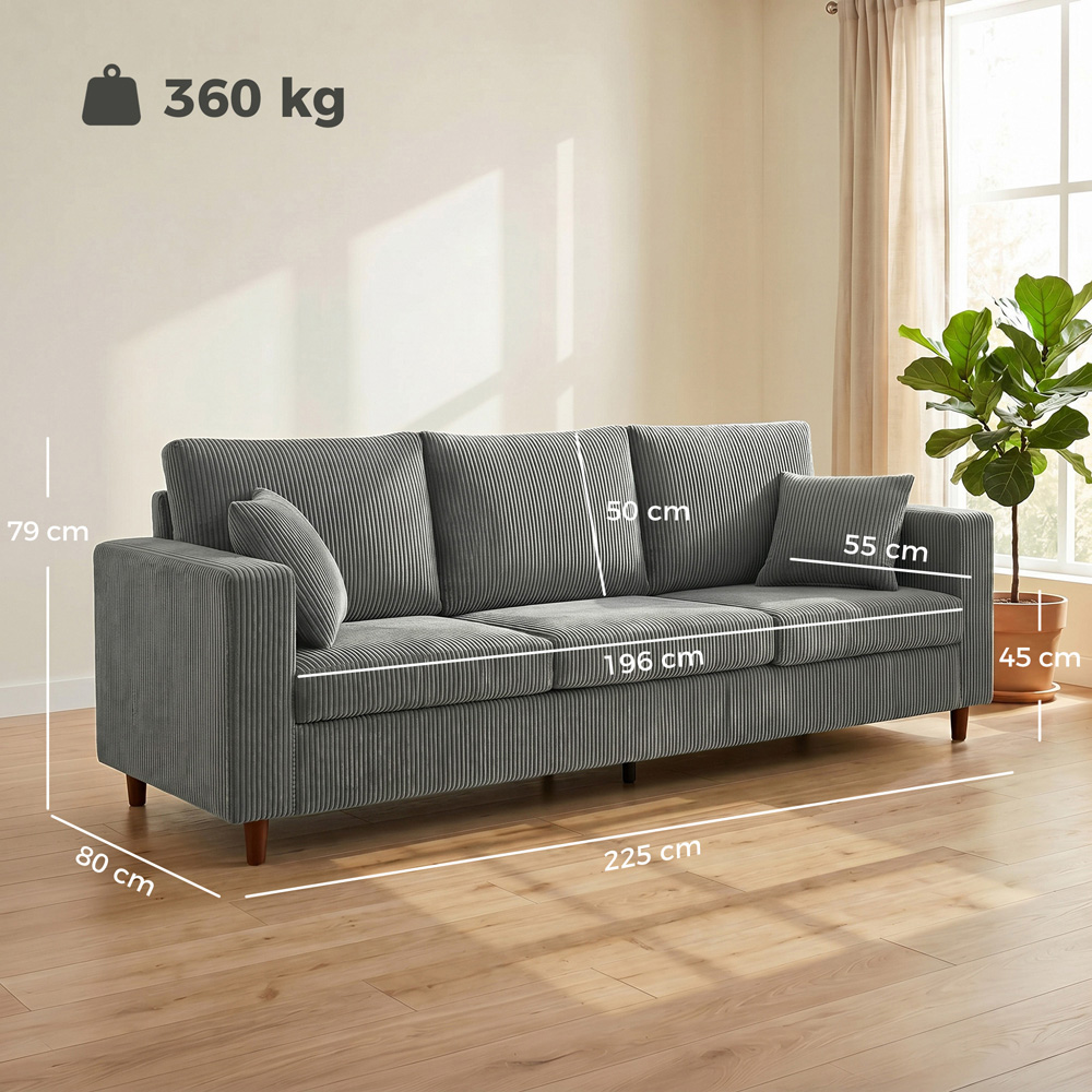 HOMCOM 3 Seater Light Grey Corduroy Upholstered Wide Seat Sofa Image 8