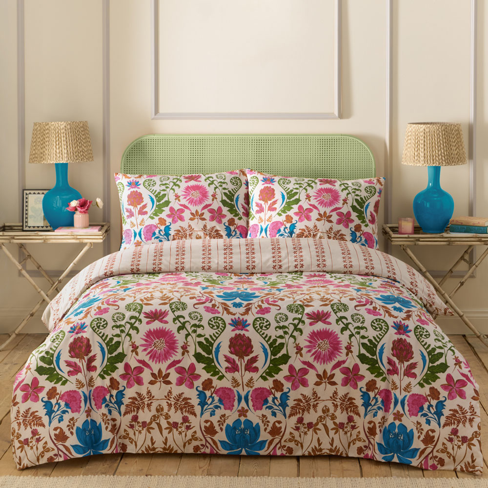 furn. Super King Size Curious Lotus Exotic Floral Linen Reversible Duvet Set Image 1
