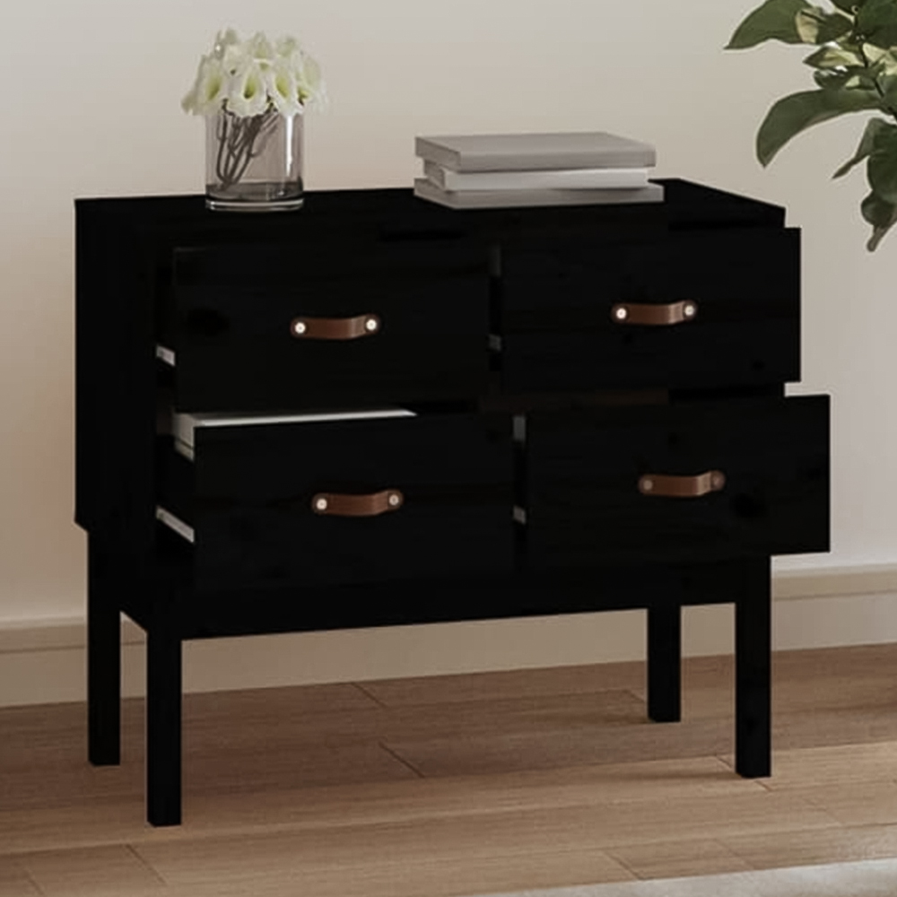 vidaXL 4 Drawer Black Solid Wood Pine Console Cabinet Image 1