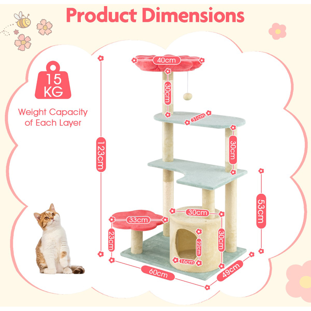 Costway Red Multi-Level Floral Kitten Tower with Padded Perch 123cm Image 8