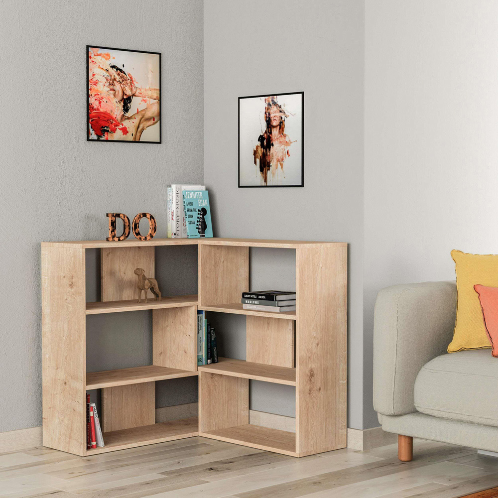 Decortie Molly 6 Shelf Oak Modern Interlock Corner Bookcase Image 3