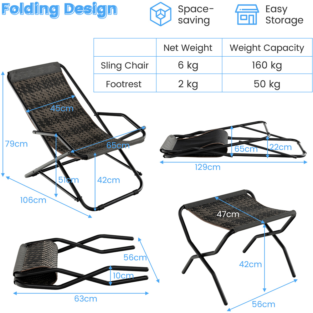 Costway Grey Outdoor Sling Chair with Footstool Image 8