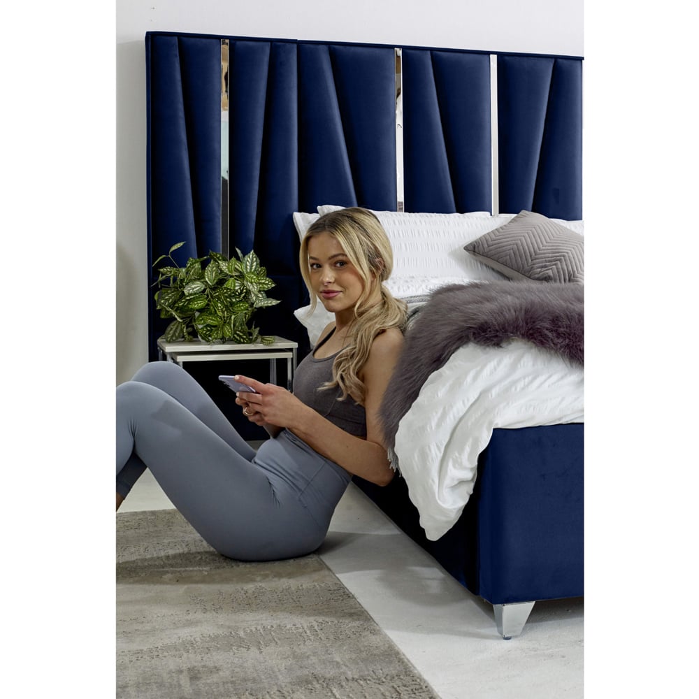 Eleganza Mila Single Blue Plush Velvet Bed Frame with Lined Headboard Image 3