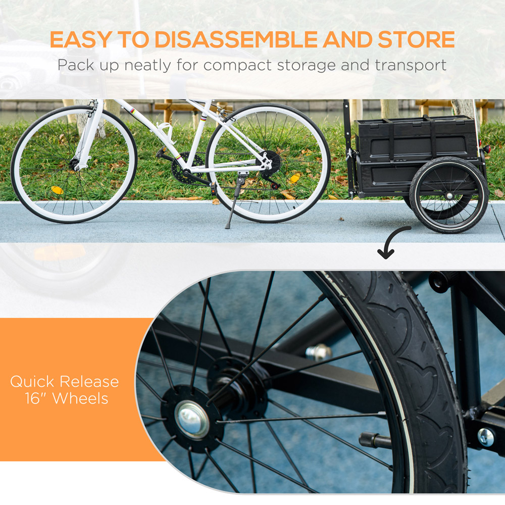 HOMCOM Black Bicycle Trailer with 65L Foldable Storage Box and Pneumatic Tyres Image 7