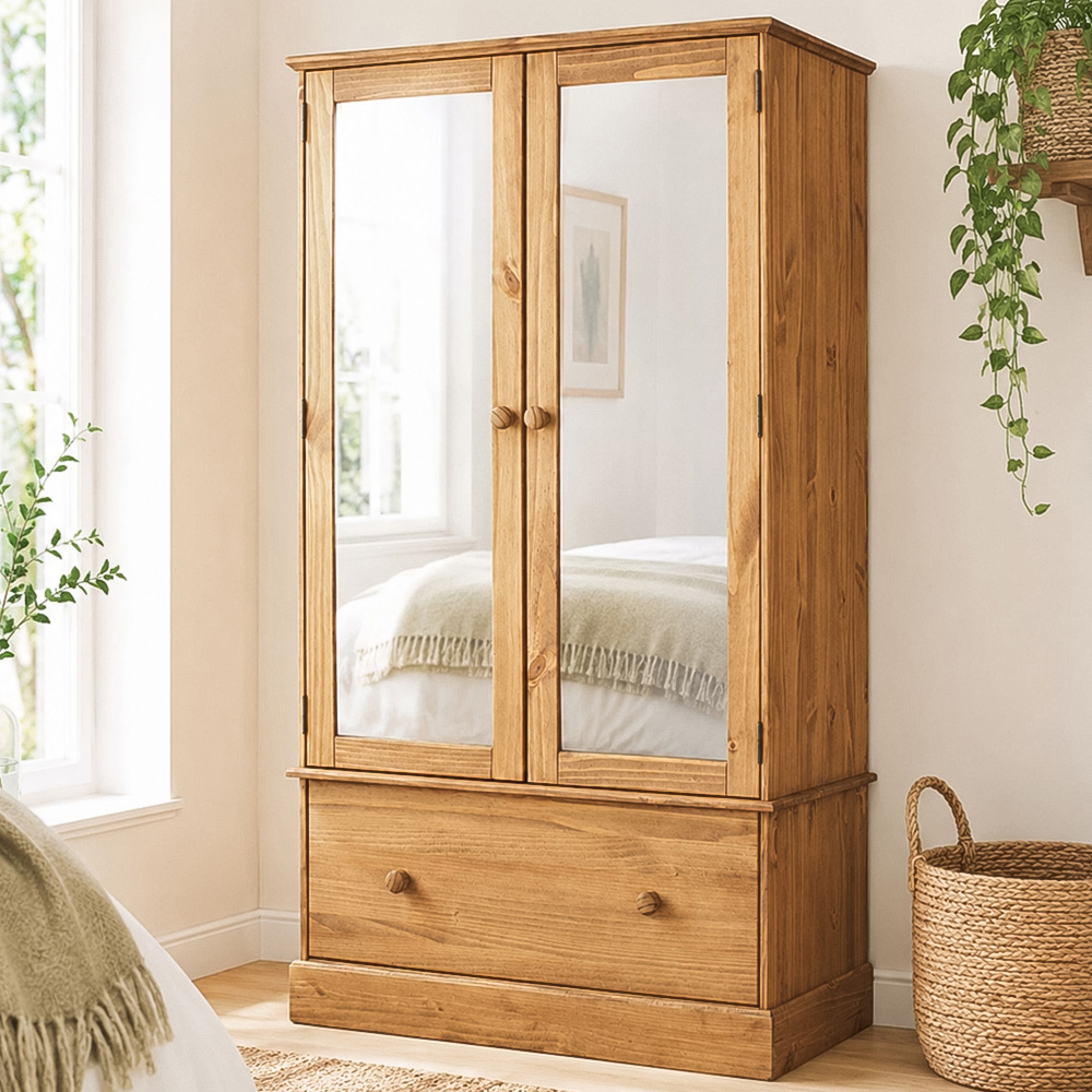 Core Products Cotswold 2 Door Single Drawer Pine Wood and MDF Mirror Wardrobe Image 1
