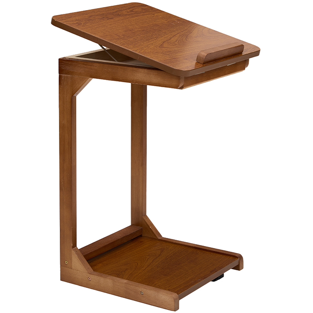 Living and Home Walnut C-Shaped Side Table with Flip-Top Storage and Wheels Image 2