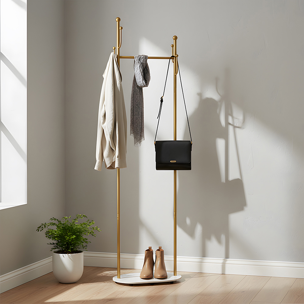 Living and Home Gold Metal Clothes Rack with 6 Hooks and Marble-Effect Base Image 2