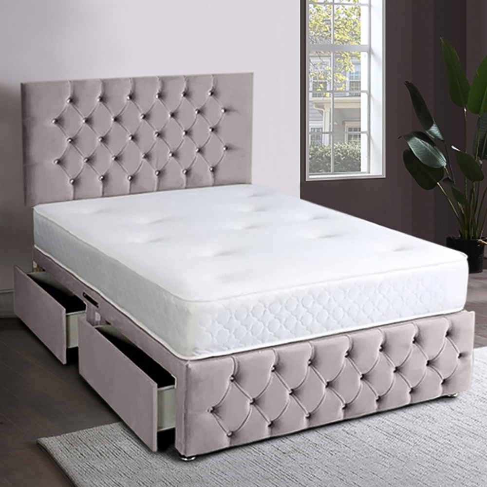 Eleganza Home Serenova Super King Size Silver Plush Velvet 2 Drawer Divan Bed with Headboard Image 1